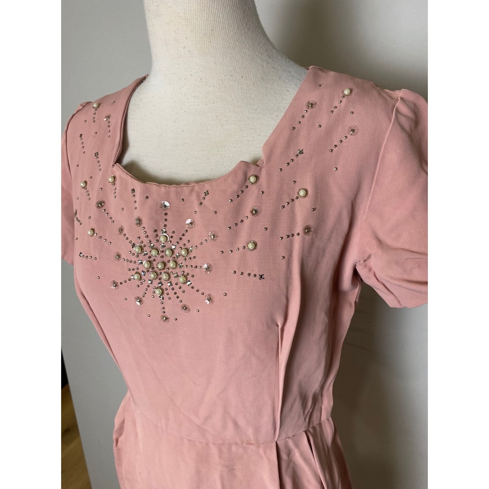 Vintage 1940s Reich Original Pink Beaded Starburst Scalloped Midi Dress - Picture 2 of 7